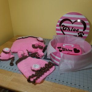 Dog Cat Handmade 14 Piece Apparel and Carrier Set - for small size  - pink brown